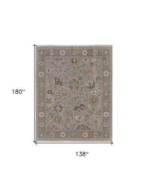 HomeRoots 4' Timeless Gray and Brown Hand-Knotted Wool Oriental Area Rug with Artisan Fringe Detail 12' X 15' 566792