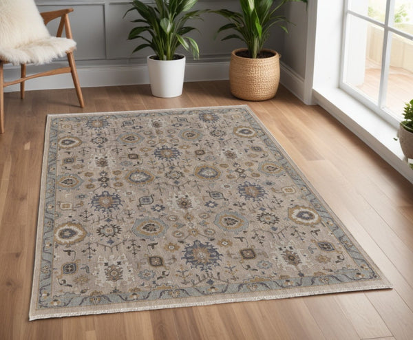HomeRoots 4' Hand-Knotted Wool Oriental Area Rug in Tan, Brown, and Gray with Elegant Fringe Detail 4' X 6' 566794