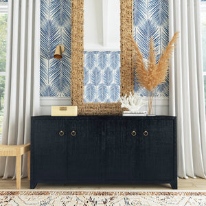 Butler Specialty Bar Harbor Raffia 4 Door Sideboard - Elegant Hand-woven Storage Solution For Dining Or Living Room Navy Blue Gemelina Wood,Mdf,Oak Veneer,Saguran Raffia,Zinc 5668410-butler
