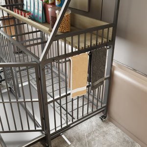 English Elm Large Pet Cage with Iron Frame Mdf Panels Storage Rack and Steel Feeding Basins Beige,Black W3064P245386