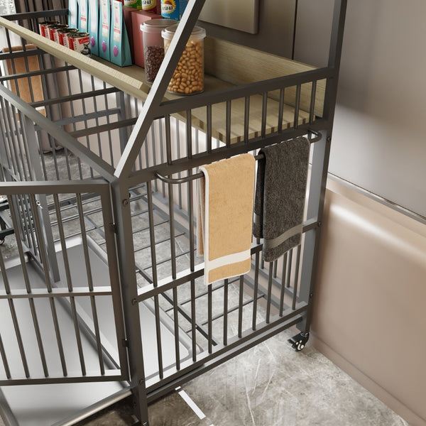 English Elm Large Pet Cage with Iron Frame Mdf Panels Storage Rack and Steel Feeding Basins Beige,Black W3064P245386
