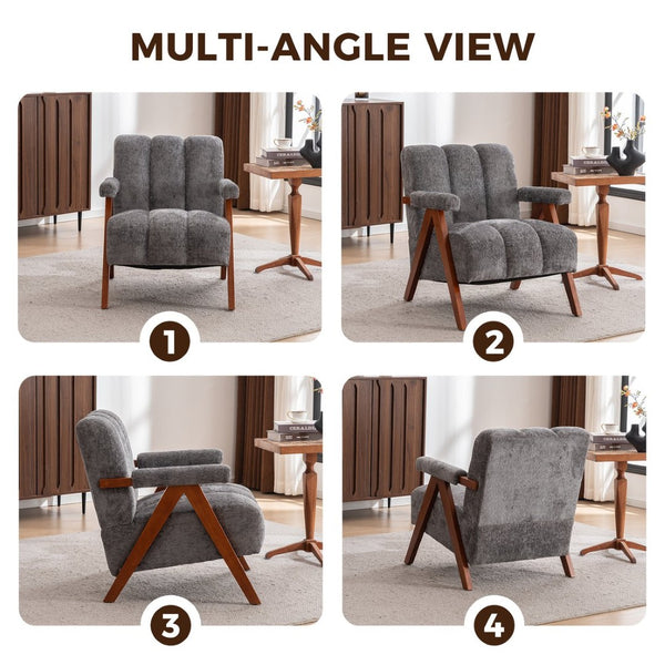 English Elm Mid-century Modern Chenille Lounge Chair Set Oak Frame Cloud Silhouette Living Room Gray W1170S00050