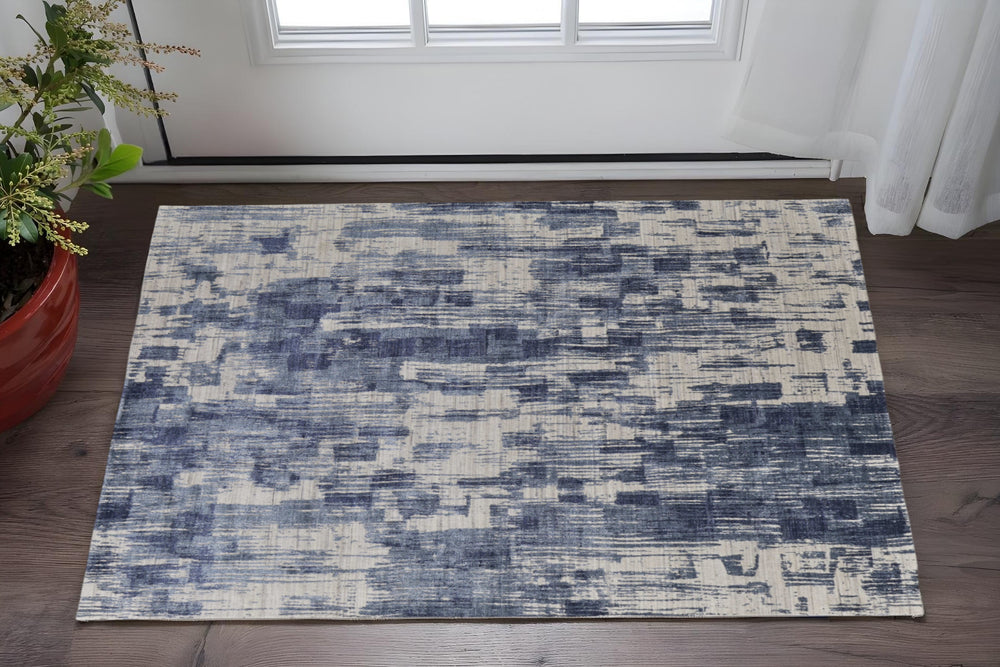 Homeroots 3' Blue Abstract Hand Woven Distressed Area Rug – Unique Wool Blend, Stylish Texture For Any Space Blue Wool Blend 566937