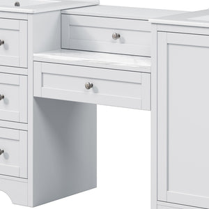 English Elm 84" Double Sink Vanity with Stone Countertop Six Soft Close Drawers and Silver Knobs White N817P404196W