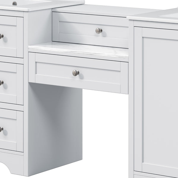 English Elm 84" Double Sink Vanity with Stone Countertop Six Soft Close Drawers and Silver Knobs White N817P404196W