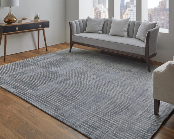 HomeRoots 3' X 5' Handwoven Blue Ivory Gray Abstract Area Rug - Distressed Design for Elegant Home Spaces 566945