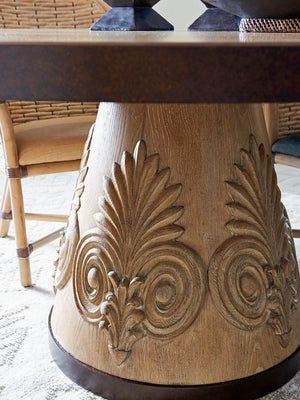 Lexington Tommy Bahama Home Weston Global Transitional Round Dining Table - Knotty Oak, Aged Bronze, And Casual Sophistication Newcastle  566-875c