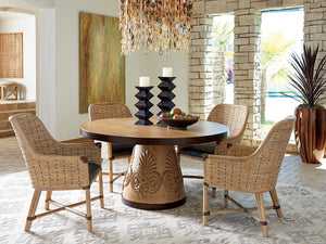 Lexington Tommy Bahama Home Weston Global Transitional Round Dining Table - Knotty Oak, Aged Bronze, And Casual Sophistication Newcastle  566-875c