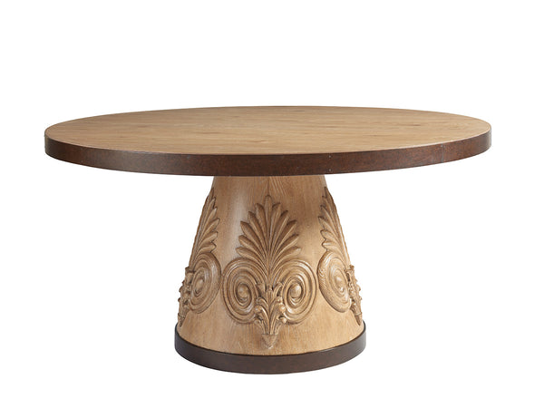 Lexington Tommy Bahama Home Weston Global Transitional Round Dining Table - Knotty Oak, Aged Bronze, And Casual Sophistication Newcastle  566-875c