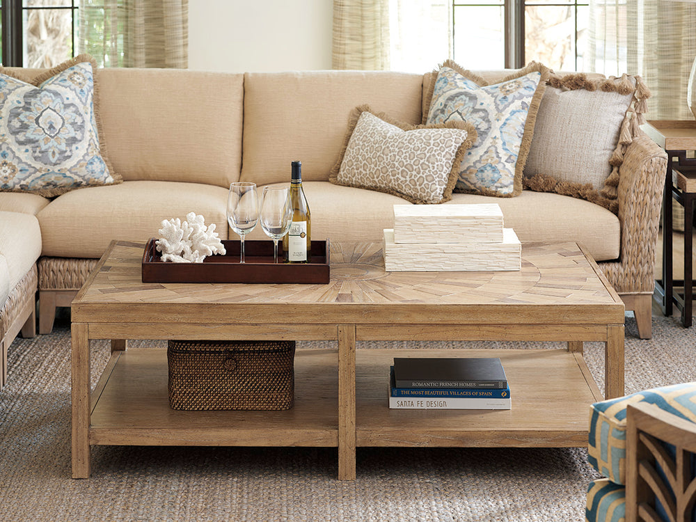 Lexington Tommy Bahama Home Ducane Global Transitional Rectangular Cocktail Table With Unique Sunburst Design And Shelf Newcastle  566-947