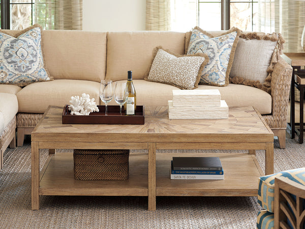 Lexington Tommy Bahama Home Ducane Global Transitional Rectangular Cocktail Table With Unique Sunburst Design And Shelf Newcastle  566-947