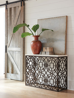 Lexington Tommy Bahama Home Ackermann Metal Console Table: Global Transitional Design With Aged Bronze Base And Travertine Top Newcastle  566-967