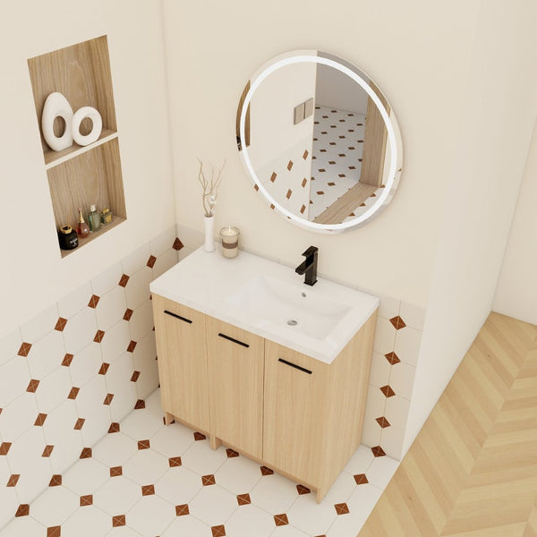 English Elm 36" Floating Bathroom Vanity Light Oak Modular Cabinet with Gel Coat Integrated Sink W3450S00106