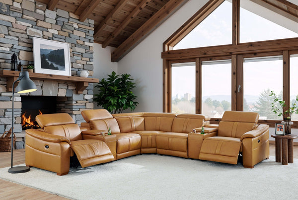 English Elm Leather Match Power Reclining Sectional with Storage Console and Adjustable Headrests Ginger B2748S00026