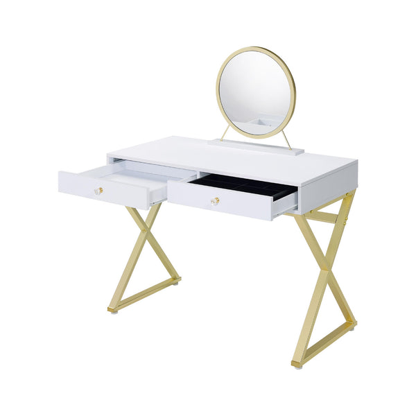 English Elm Rectangular Modern Vanity Desk with Mirror, 2 Drawers & Jewelry Tray — White Gold Accent, Spacious Storage B016P317482