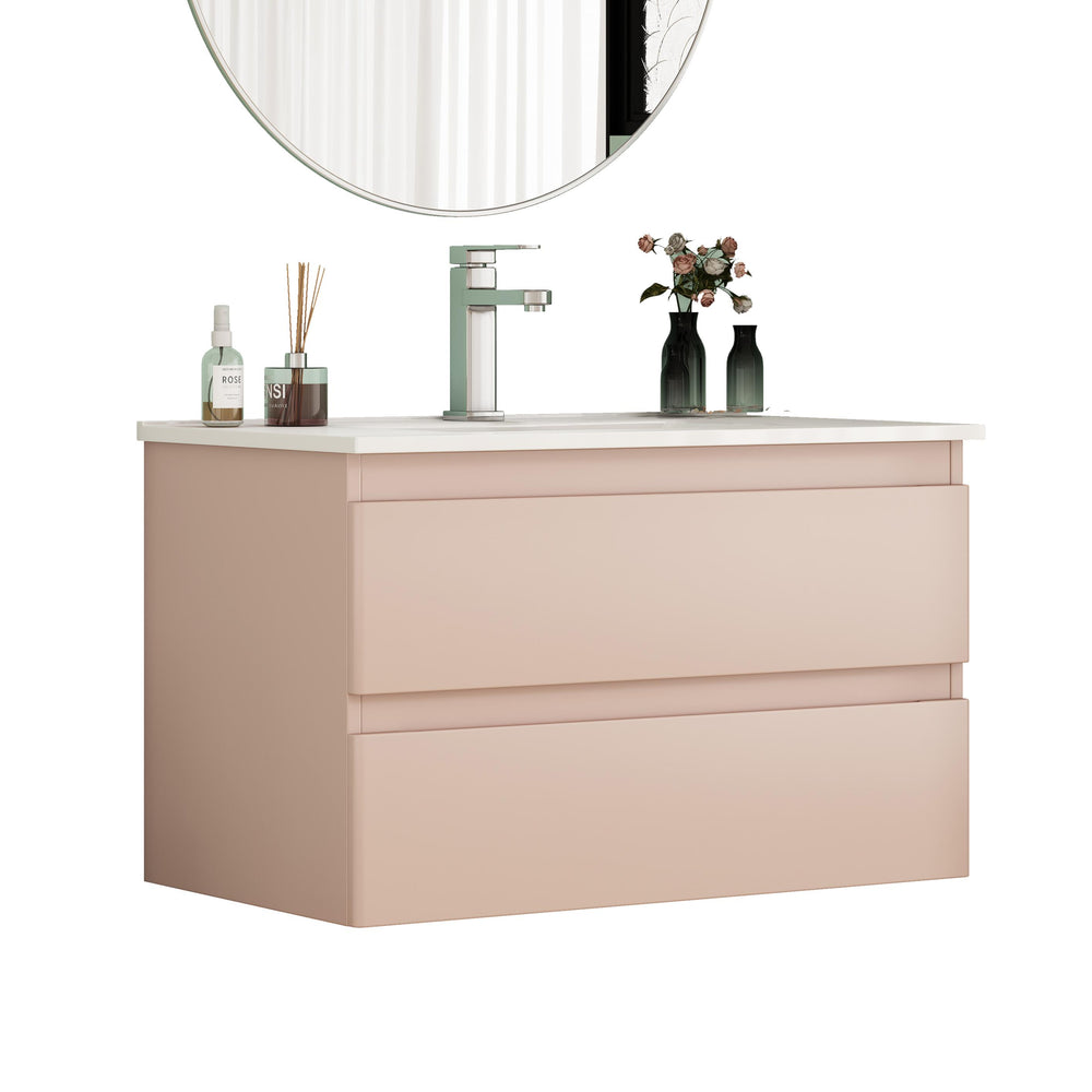 English Elm 32-Inch Modern Wall-Mounted Bathroom Vanity With Ceramic Sink, Soft-Close Drawers, Stylish Pink Finish W3151S00045