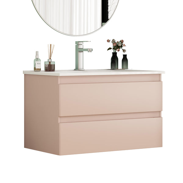English Elm 32-Inch Modern Wall-Mounted Bathroom Vanity With Ceramic Sink, Soft-Close Drawers, Stylish Pink Finish W3151S00045
