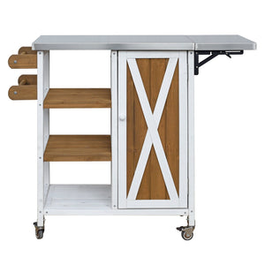 English Elm Foldable Outdoor Kitchen Cart with Stainless Worktop Fir Wood Frame and Lockable Wheels Brown+White N719P380281Z
