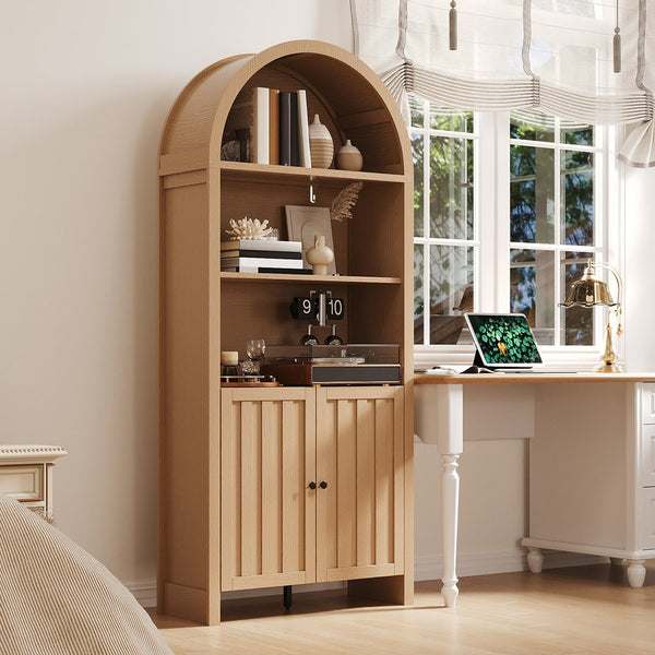 English Elm 71" Tall Farmhouse Bookshelf with Arched Top and Lower Cabinet, Rustic Slatted Doors, Sturdy Design Natural T3771P371395