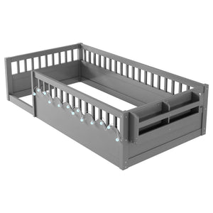 English Elm Twin Montessori Floor Bed Frame with High Rails and Built-In Light Shelf for Safe Independent Sleep Grey 79.13 L x 13 W x 6.3 H W2593P333797