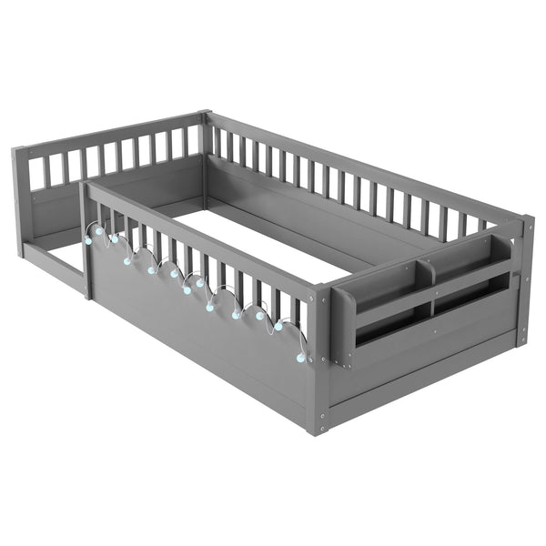 English Elm Twin Montessori Floor Bed Frame with High Rails and Built-In Light Shelf for Safe Independent Sleep Grey 79.13 L x 13 W x 6.3 H W2593P333797