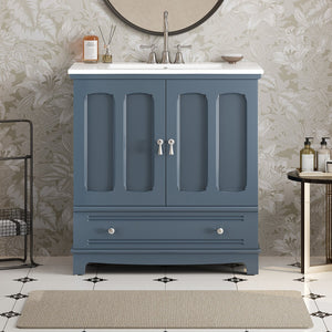 English Elm 30" Modern Bathroom Vanity with Ceramic Sink, Solid Wood Frame, Soft-Close Drawer & Adjustable Shelf Blue N710P293306C