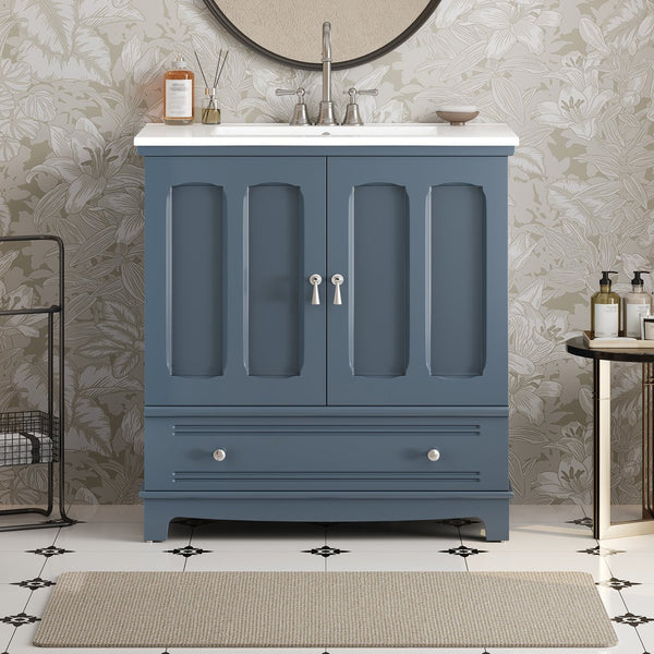 English Elm 30" Modern Bathroom Vanity with Ceramic Sink, Solid Wood Frame, Soft-Close Drawer & Adjustable Shelf Blue N710P293306C