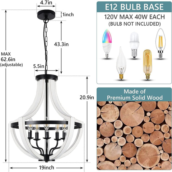 English Elm Modern White Solid Wood Chandeliers — 5-Light Farmhouse Pendant or Flush Mount, Dimmable E12 Bulbs, Rustic Elegance W2738P242328