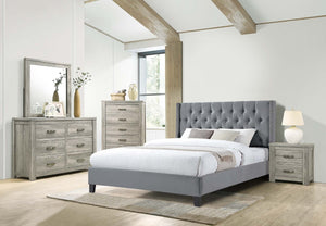 English Elm Full Size Gray Velvet Platform Bed Diamond Tufted Upholstered Headboard Nailhead Trim B011S02056