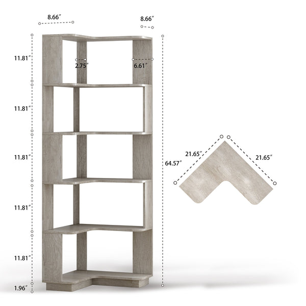 English Elm 6 Tier Freestanding L-Shaped Corner Bookshelf with Anti-Tip, Rounded Corners, 3D Wood Grain Finish Light Gray W2899P372517