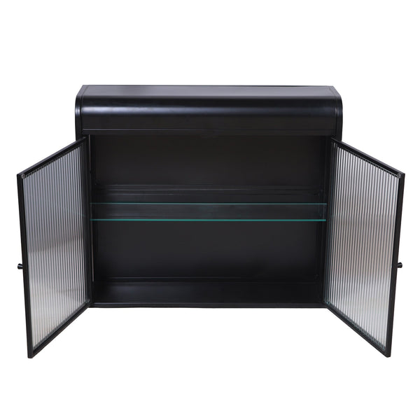 English Elm 2-Door Wall-Mounted Metal Storage Cabinet Antique Black with Fluted Tempered Glass Shelves & Knobs W3122P272920
