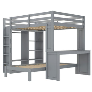 English Elm Queen Solid Wood Bunk Bed With Dismountable Twin, Desk, Shelves & Wardrobe - Modern Grey Design W1580S00215-GIGA