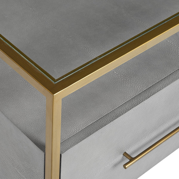 Sunpan Venice Nightstand – Glamorous Acacia Wood Design with Tempered Glass Top and Antique Brass Hardware Grey Shagreen