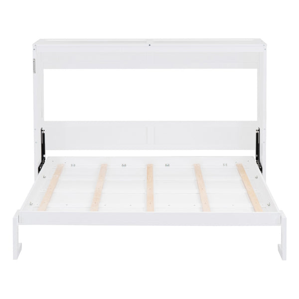 English Elm Full Size Murphy Wall Bed with Cabinet Dual Piston Folding Mechanism for Studio Spaces White LP000664AAK-2