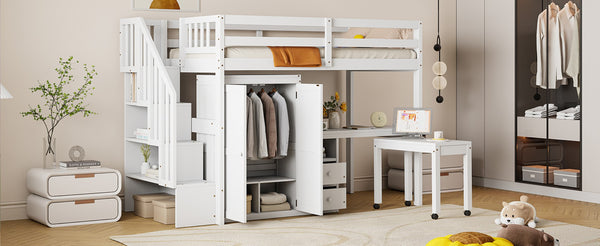 English Elm Queen Murphy Bed with Integrated Desk Cabinet Shelves Space Saving Studio Solution White N708S00013K