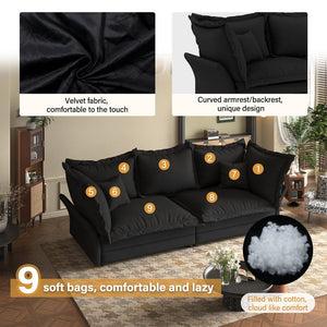 English Elm 90.55" Deep Seat Couches Velvet Cloud Sofa with Removable Cushions, Multiple Pillows, 800lb Capacity Black W1885P234641