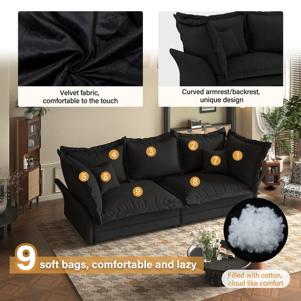 English Elm 90.55" Deep Seat Couches Velvet Cloud Sofa with Removable Cushions, Multiple Pillows, 800lb Capacity Black W1885P234641