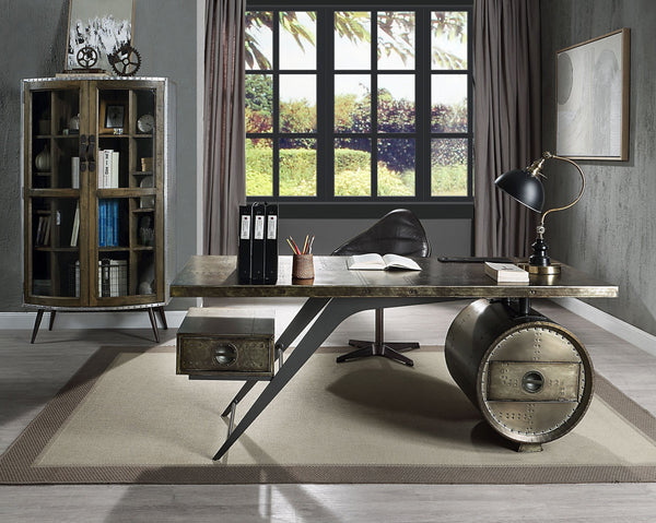 English Elm Brancaster Bronze Aluminum & Oak Finish Desk with Wireless Charging, USB-A Ports & Self-Close Drawers B2726S00083