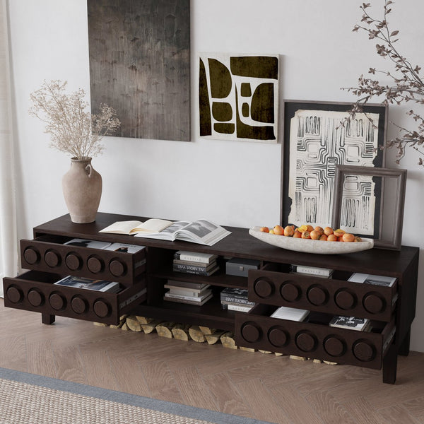 English Elm Modern Mid-Century Media Console with 4 Drawers and Concealed Cable Management, Stylish TV Stand Up to 75" Dark Brown W757P305596