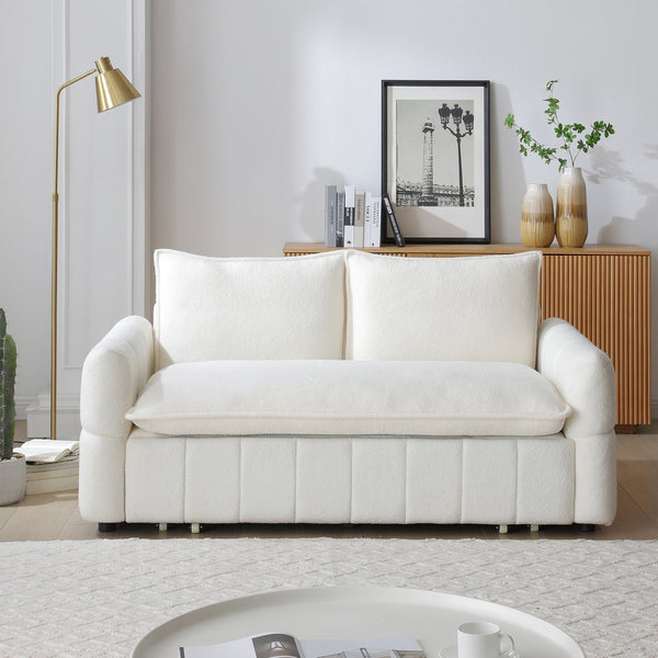 English Elm Sleeper 3-in-1 Pull-Out Couch Bed with Teddy Chaise, Breathable Fabric, Supportive Cushions for Small Spaces Beige W1117P253963