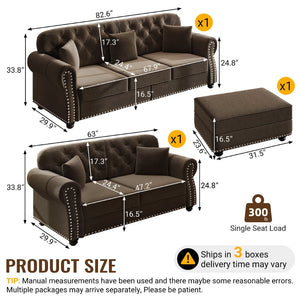English Elm Upholstered Velvet Chesterfield Sofa with Button Tufting Nailhead Trim and Ottoman Brown W1885S00395