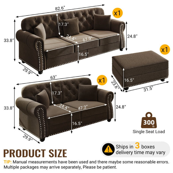 English Elm Upholstered Velvet Chesterfield Sofa with Button Tufting Nailhead Trim and Ottoman Brown W1885S00395