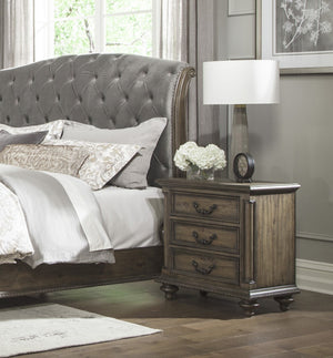 English Elm Traditional Rachelle Nightstand with 3 Drawers Weathered Pecan Finish Turned Feet Metal Drop Hardware Brown Mix 31 L x 20.25 W x 30 H B011P186802