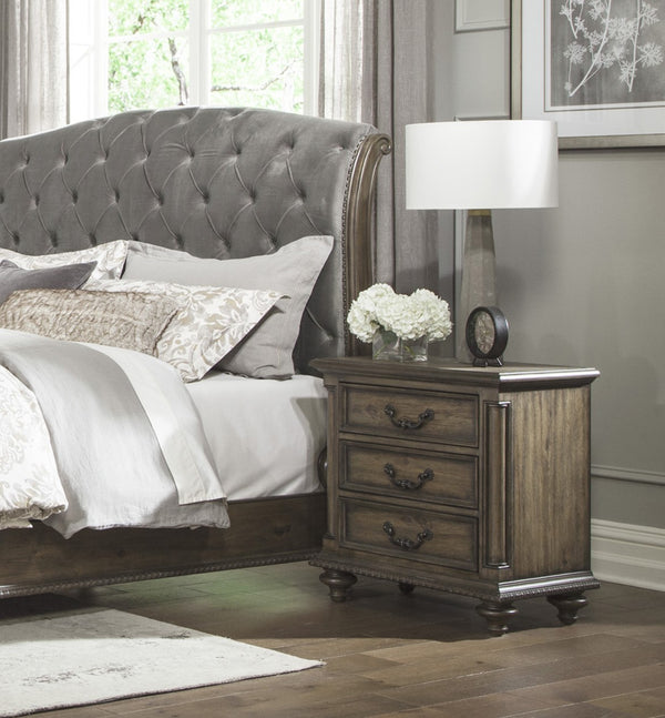 English Elm Traditional Rachelle Nightstand with 3 Drawers Weathered Pecan Finish Turned Feet Metal Drop Hardware Brown Mix 31 L x 20.25 W x 30 H B011P186802