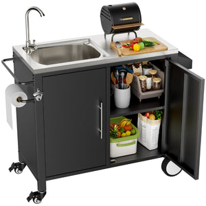 English Elm Outdoor Stainless Steel Grill Cart with Sink Cabinet Storage and Locking Wheels W3190P293812