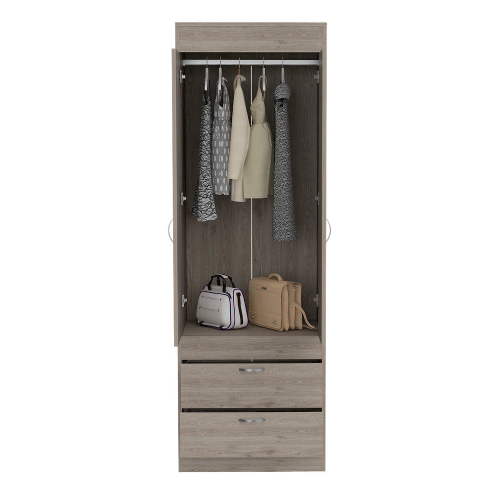 English Elm Armoire, Light Gray Double-Door Cabinet with Hanging Rod, Two Drawers, Compact FSC-Certified Storage B097P199731