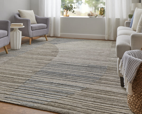 Homeroots 9' X 12' Tan And Blue Abstract Hand Woven Worn Faded Area Rug Brown Wool Blend 567017