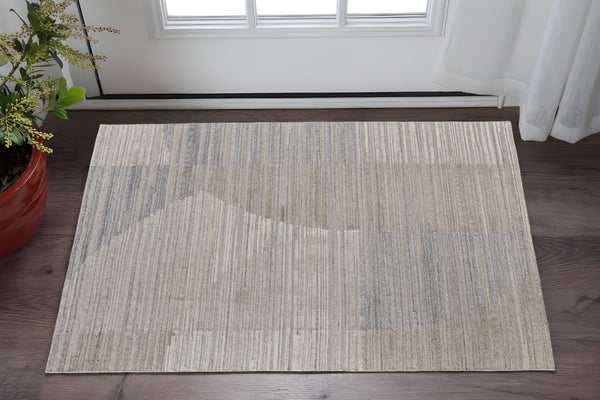 Homeroots 2' X 3' Tan And Blue Abstract Hand Woven Worn Faded Area Rug Brown Wool Blend 567020