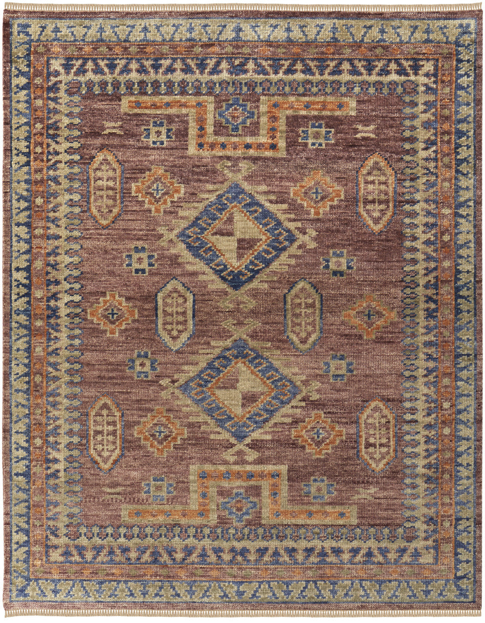 Homeroots 3' X 5' Blue Red And Tan Wool Geometric Hand Knotted Area Rug With Fringe Red Wool 567027