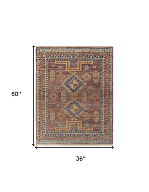 Homeroots 3' X 5' Blue Red And Tan Wool Geometric Hand Knotted Area Rug With Fringe Red Wool 567027